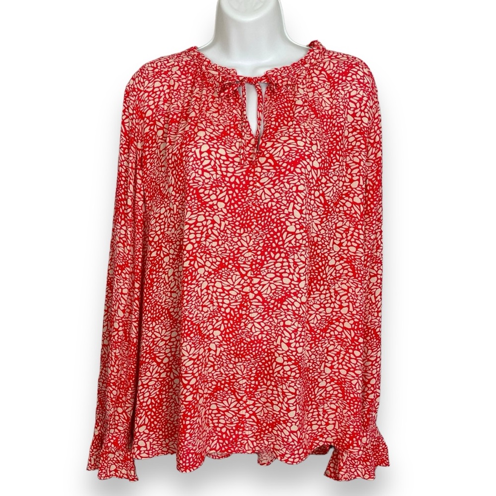 LOFT Patterned Blouse NWT Rayon Tie Neck Ruffle Flounce Floral Long Sleeve Large